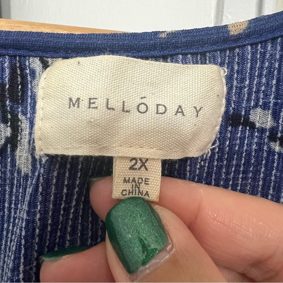 Melloday 2XL Blue Peasant Floral 3/4 sleeve Pullover Fairy Boho Ruffle Top - Picture 6 of 8